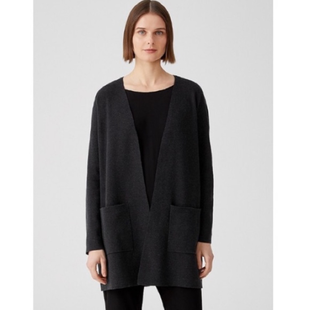 Eileen Fisher Tight Knit Drop Shoulder Long Silk Blend Open Front Sweater Black